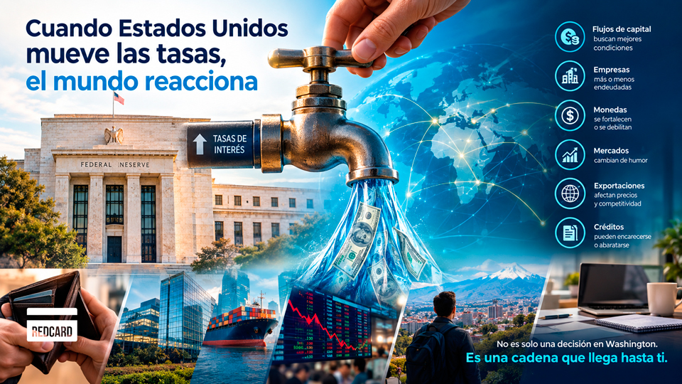 Ilustración sobre cómo las tasas de interés de Estados Unidos afectan los mercados, empresas, monedas, créditos y la economía mundial.